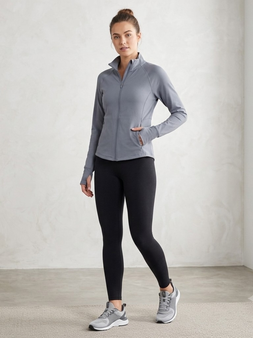 Jockey Womens Gray Full Zip Athletic Jacket Thumbholes Mock Neck Medium Workout